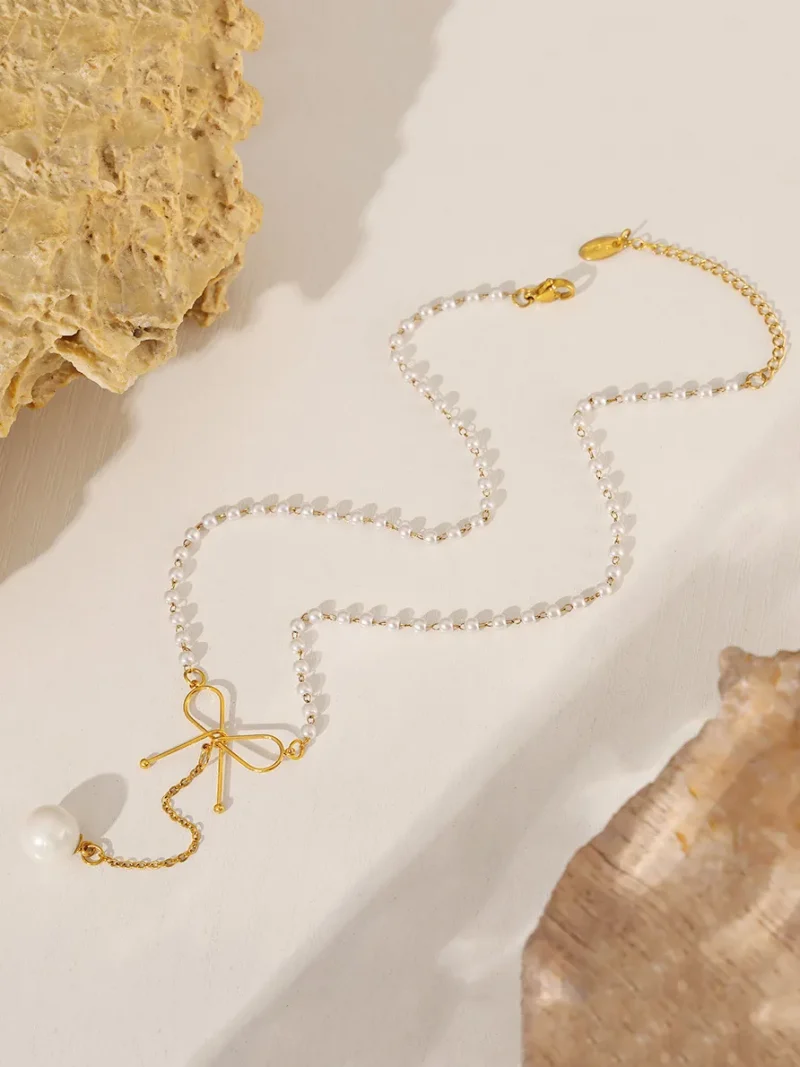 Stainless Steel Bow Pendant Necklace with Pearls - Gold