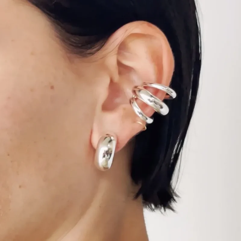 Stainless Steel Layered Cuff Earrings - Silver