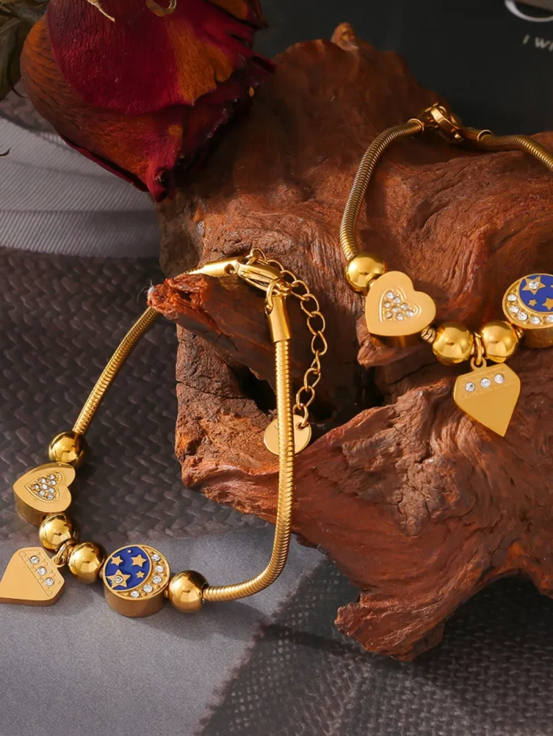 Stainless Steel Rhinestone Charm Bracelet - Gold