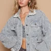 Star Textured Raw Hem Long Sleeve Denim Jacket - Light