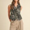Stretch Leopard Denim Button Down Vest - Grey