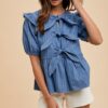 Stripe Front Bow Denim Peplum Blouse - Medium Denim