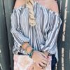 Stripe Printed Cold Shoulder Halter Neck Top - Off White Stripe