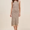 Stripe Sleeveless Sweater Knit Maxi Dress With Ruffled Hem - Oatmeal/Black