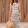 Stripe Sleeveless Sweater Knit Maxi Dress With Ruffled Hem - Off White/Black