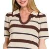 Striped Collared Short Sleeve Cropped Sweater - Brown
