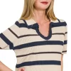 Striped Collared Short Sleeve Cropped Sweater - Navy