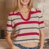 Striped Collared Short Sleeve Cropped Sweater - Red