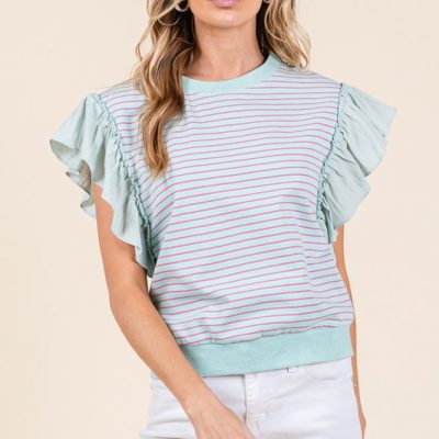 Striped Contrast Ruffle Detail Sleeveless Top - Mint