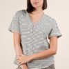 Striped V-Neck Short Sleeve T-Shirt - Black