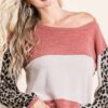 Sweater Knit Color Block Top With Leopard - Rust
