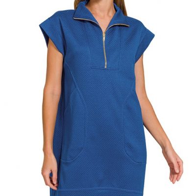 Textured Knit Jacquard Quarter Zipper Mini Dress - Lt Navy