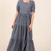 Textured Short Sleeve Tiered Dress - Charcoal