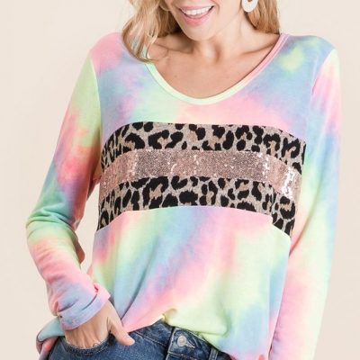 Tie Dye Deep U-neck Top with Leopard and Sequins - Pastel Tiedye