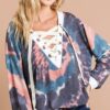Tie Dye Deep V-Neck Top with Lace Up Front - Tie Dye