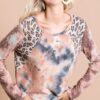 Tie Dye Distressed Knit Top with Leopard Shoulder - Rust/Charcoal