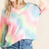 Tie Dye French Terry V-Neck Top with Puff Sleeves - Pink Multi