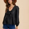 Tie Front Peplum Long Sleeve Denim Top - Black