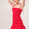 Tied Straps Ruffled Smocked Dress - Red