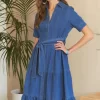 Tiered Button Down Tie Waist Short Sleeve Denim Dress - Dark