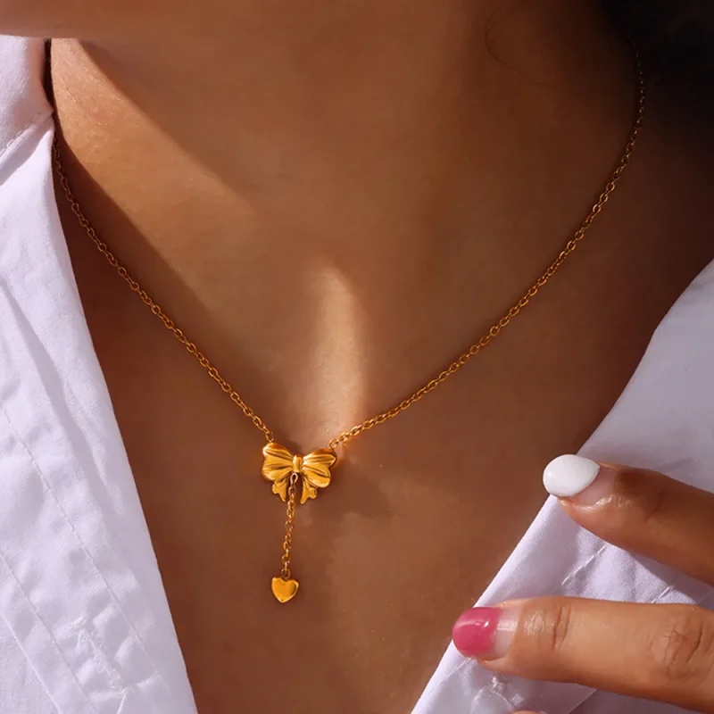 Titanium Steel Gold-Plated Bow Pendant Necklace - Gold