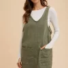 V-Neck Adjustable Strap Denim Overall Dress With Pockets - Army Green