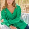 V Neck Pleated Long Sleeves Shirt - Green