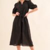 Waffle Textured Ribbon Waist Midi Dress - Black