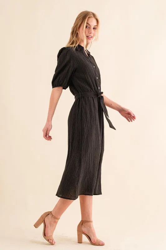 Waffle-Textured-Ribbon-Waist-Midi-Dress-Black-2