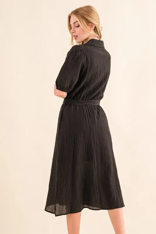 Waffle-Textured-Ribbon-Waist-Midi-Dress-Black-3