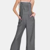 Washed Adjustable Strap Wide Leg Denim Overalls -  Black