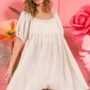 Washed Linen Tiered Midi Dress with Puff Sleeves - Natural