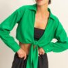 Washed Tie Front Crop Top - Green