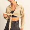Washed Tie Front Crop Top - Light Taupe