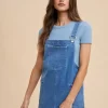 Wide Strap Denim Overall Dress With Pockets - Indigo Washed Denim