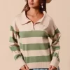 Wide Stripe Polo Shirt Sweater Top - Oatmeal/Lt Olive