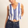 Woven Striped V-Neck Button Down Vest - Indigo/Cream