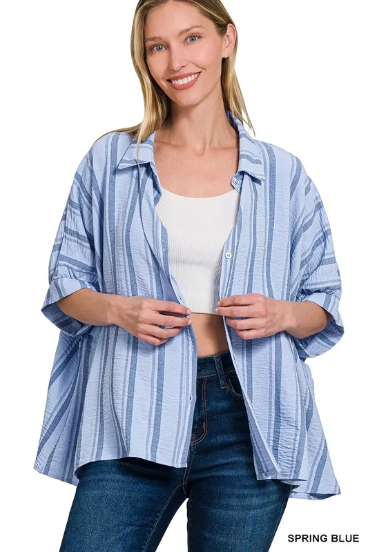 Woven-Yarn-Dye-Stripe-Oversized-Button-Down-Shirt-Spring-Blue-1
