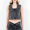 Zip Up Washed Crop Denim Vest - Black