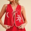 Embroidered Tied Front Vest Coat - Cherry