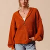 Front Zip Up Hooded Textured Cardigan - Rust