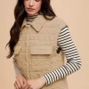 Texture Quilted Snap Down Vest Coat - Tan