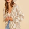 Checkered Open Front Drop Shoulder Cardigan - Tan