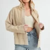 Side Slit Exposed Seam Button Up Corduroy Jacket - Tan