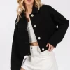 Button Down Cropped Denim Jacket with Patch Pockets - Black