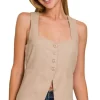 Linen Tie-back 4-button Vest with Lining - Lt Mocha