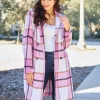 Full Size Plaid Button Up Lapel Collar Coat - Carnation Pink