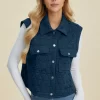 Full Size Pocketed Texture Snap Down Vest Coat - Peacock Blue