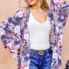 Floral Print Dolman Sleeve Kimono Cardigan - Navy