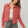 Full Size Raw Hem Button Up Cropped Denim Jacket Plus Size - Brick